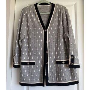 st john by marie‎ gray cardigan Gray White Knit Sweater Size 14 Buttons santana